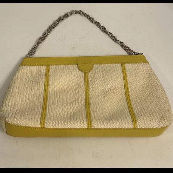 Kate Spade Clutch Handbag With Metal Chain Strap Straw and Yellow Leather 12”x8” - Picture 6 of 8